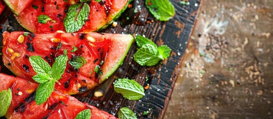 Poster - Grilled watermelon slices with mint in a close up copy space image