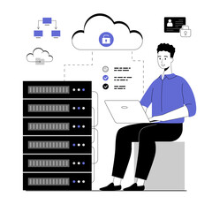 Wall Mural - Cloud computing, storage concept. Web hosting, online database, data center, server. Vector illustration with line people for web design.