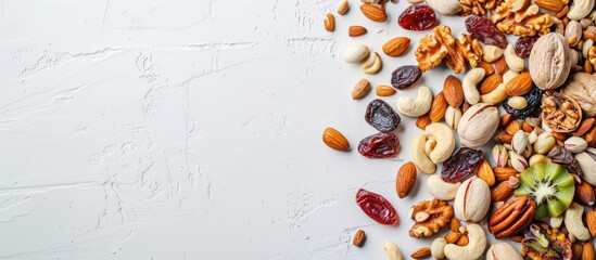 Poster - top view of healthy nuts and dried fruits on a white backdrop offering antioxidants and vitamins for