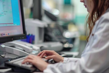 Receptionist typing on a computer at a desk with phones and a stethoscope, checking patient records