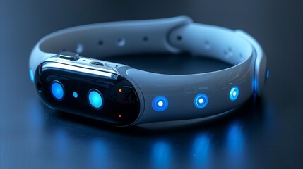 Poster - A close-up image of a white wearable biosensor with blue lights on a dark surface.