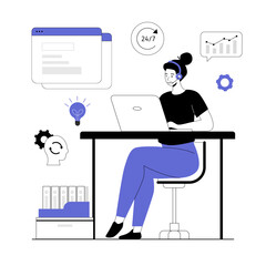 Wall Mural - Customer service. Online technical support. Hotline operator woman advises a customer through a laptop. Vector illustration with line people for web design.