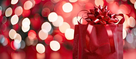 Poster - Present placed in a crimson gift bag against a festive backdrop with copy space image