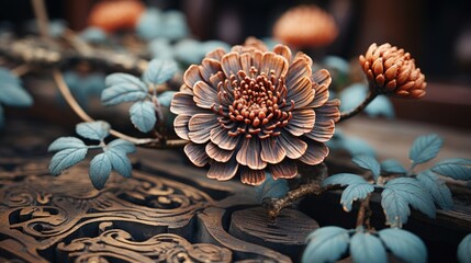 Sticker - Intricate Wooden Floral Carving on Antique Furniture Close-up  