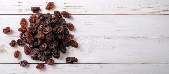 Poster - Dried raisins arranged on a white wooden surface with copy space image