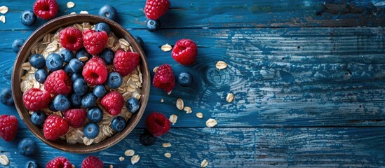 Aufkleber - An artistic studio shot showcasing oats topped with fresh blueberries and raspberries on a rustic blue wooden background with copy space image