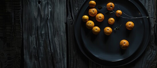 Leinwandbilder - Dimmed lights create a moody ambiance above a large black plate with scattered oranges leaving a perfect copy space image
