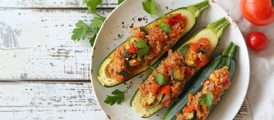 Aufkleber - A plate featuring a zucchini boat filled with meat on a white wooden table with plenty of copy space image
