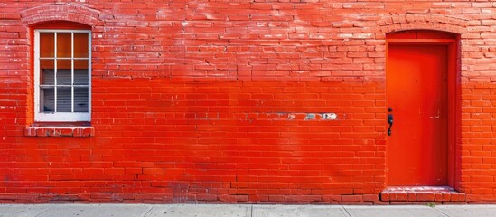 Wall Mural - Brilliant red paint adds a vivid touch to an orange brick wall creating an eye catching contrast. with copy space image. Place for adding text or design