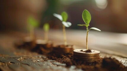 Aufkleber - A small plant is growing on top of a pile of coins