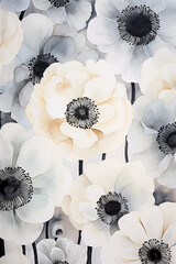 Poster - Watercolor vertical background with white anemone flowers. Printable botanical art in neutral black and white tones