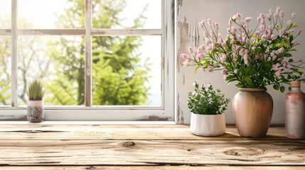 Aufkleber - Bare wooden table with room decor background for product display on windowsill