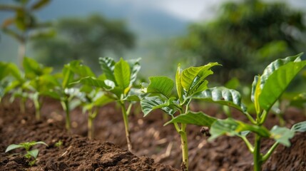 Poster - A row of young coffee plants are growing in a field