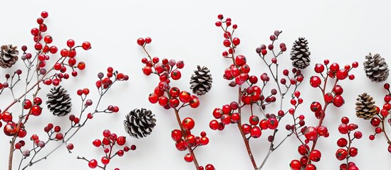 Wall Mural - Red New Year berries and cones arranged on a white background with copy space image