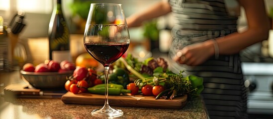 A close up image of a glass of red wine on a kitchen counter with a vegetable filled bowl in the background as a woman s hands prep food with a blank space for text or other elements