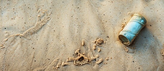 Poster - Dirty sandstone background with a lone dirty plastic item on the beach sand perfect for a copy space image