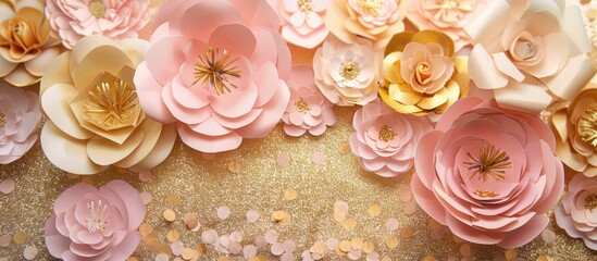 Aufkleber - Girl baby shower party featuring paper flowers with a festive background of gold glitter An ideal composition for a copy space image