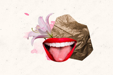 Wall Mural - Creative collage woman face fragment mouth laughter tongue pomade lipstick pms gynecology healthcare dentist cosmetics flower