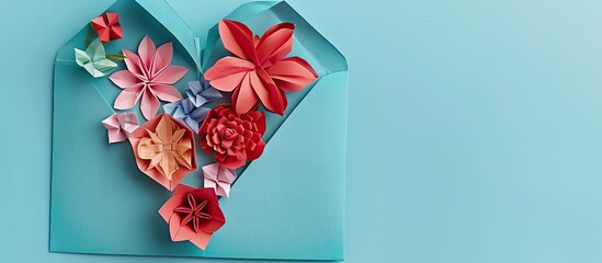 Poster - Folded paper heart with a bouquet of origami flowers in an envelope creating a charming Valentine s Day scene with copy space image