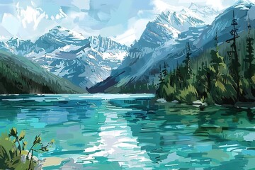 Mountain landscape oil painting on canvas modern Green fir trees on emerald sea lake in mountains oil paint texture on canvas, background art illustration artwork