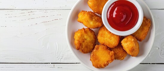 Aufkleber - Top down image of chicken nuggets with ketchup on a white table including copy space