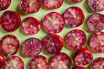 Wall Mural - Vibrant Sliced Tomatoes on Light Green Background 