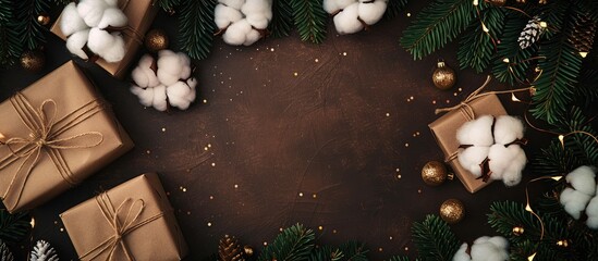 Aufkleber - Festive New Year decorations like cotton flowers and a Christmas tree creating a cozy backdrop with paper for packing goods perfect for copy space image