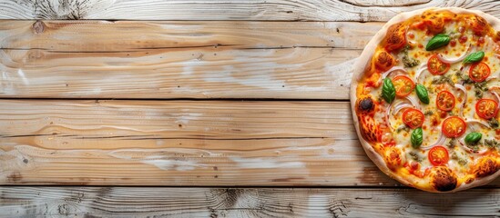Poster - Pizza time with a light wooden table background featuring copy space image