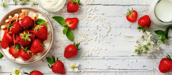 Fototapete - Top view of a set breakfast with fresh strawberries on a white wooden backdrop including tasty rice vegan waffles yogurt and milk around a copy space image