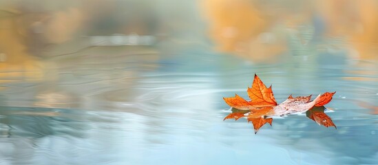 Poster - Autumn colored maple leaf floating on the water s surface creating a serene image with copy space