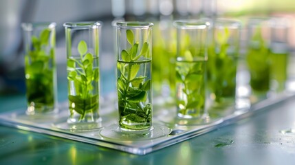 Poster - A row of green plants are in glass vases on a table