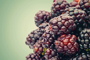 Wall Mural - Fresh Blackberries Piled Up on a Green Background 