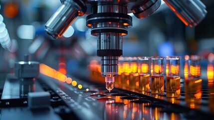 Poster - a close-up image of a laboratory automation system, featuring a robotic arm with a microscope tip di