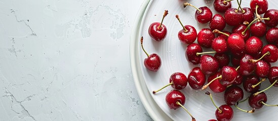 Wall Mural - Close up horizontal layout of red cherries on a white background in a plate with copy space image