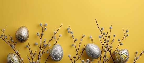 Aufkleber - The Easter holiday card features silver and gold eggs green twigs on a plain yellow background at the bottom edge offering copy space image