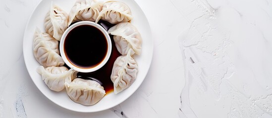 Aufkleber - A white background with steamed dumplings and soy sauce providing room for text or other elements in the image. with copy space image. Place for adding text or design