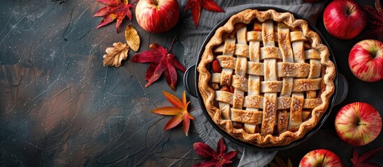 Poster - Autumn themed homemade apple pie or tart with a copy space image in the background conveying the essence of the fall season