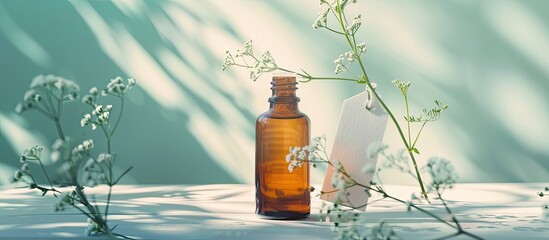 Aufkleber - Still life composition featuring herbs a brown glass bottle of essential oil and a white tag set against a light blue and white background with sunlight and shadow creating a serene atmosphere for a