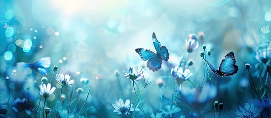 Leinwandbilder - A lovely natural background in shades of blue enhanced with blooming flowers and fluttering butterflies all surrounding a copy space image