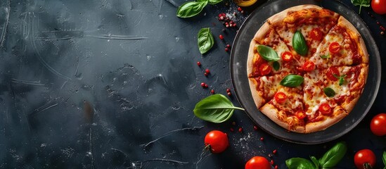 Poster - Tasty pizza with veggies and cheese on dark backdrop with copy space image