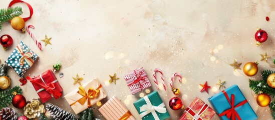 Poster - A festive holiday backdrop featuring colorful paper gift boxes and various decorations against a blank copy space image