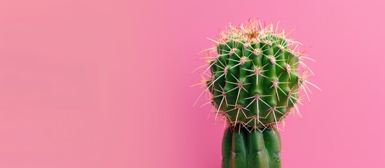 Poster - A cactus houseplant in a close up photo on a pink pastel background suitable for various uses like home decor garden inspiration and copy space image for various media and platforms
