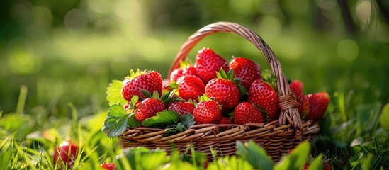 Wall Mural - An image showing ripe strawberries placed in a basket on a lush green surface against a natural backdrop symbolizing fresh and healthy summer produce. with copy space image