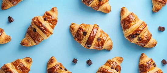 Aufkleber - Top down view of a tasty continental breakfast featuring numerous fresh chocolate filled croissants on a blue backdrop ideal for adding text alongside the image. with copy space image