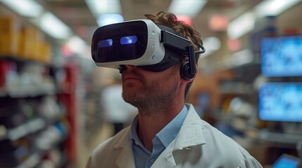 Poster - A man in a white lab coat wears a virtual reality headset during a demonstration of wearable biosensors.