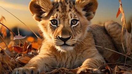 Poster - lion cub in the grass hd 8k wallpaper stock photographic image 