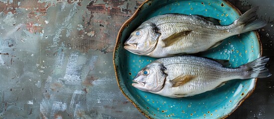 Aufkleber - Top view of a whole raw organic sea perch on a blue dish with space for text or images. with copy space image. Place for adding text or design