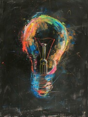 Wall Mural - A vibrant, abstract painting of a lightbulb rendered in chalk on a black background. The lightbulb is rendered in shades of yellow, orange, pink, blue, and green