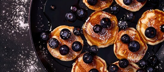 Fototapete - Silver dollar blueberry pancakes cooking on a pancake pan with copy space image