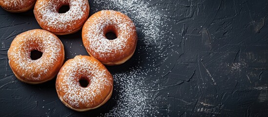 Fototapete - A picture of Berliner donuts with glaze on a black backdrop showcasing a delicious treat against a dark copy space image